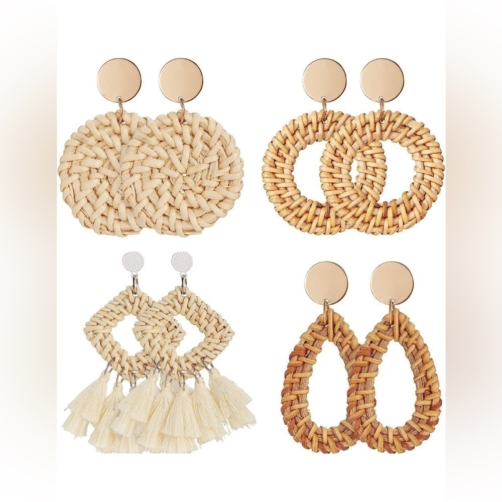 New 4 Pairs Rattan Earrings Lightweight Geometric Tassel Woven Bohemian Earrings